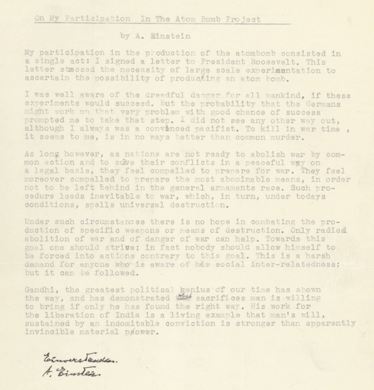 Einstein signed document defense to the Japanese people