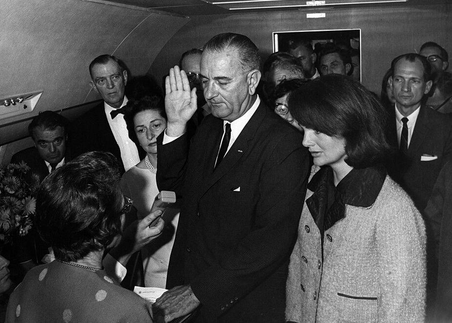 Swearing in President Lyndon B. Johnson aboard Air Force One, 1963