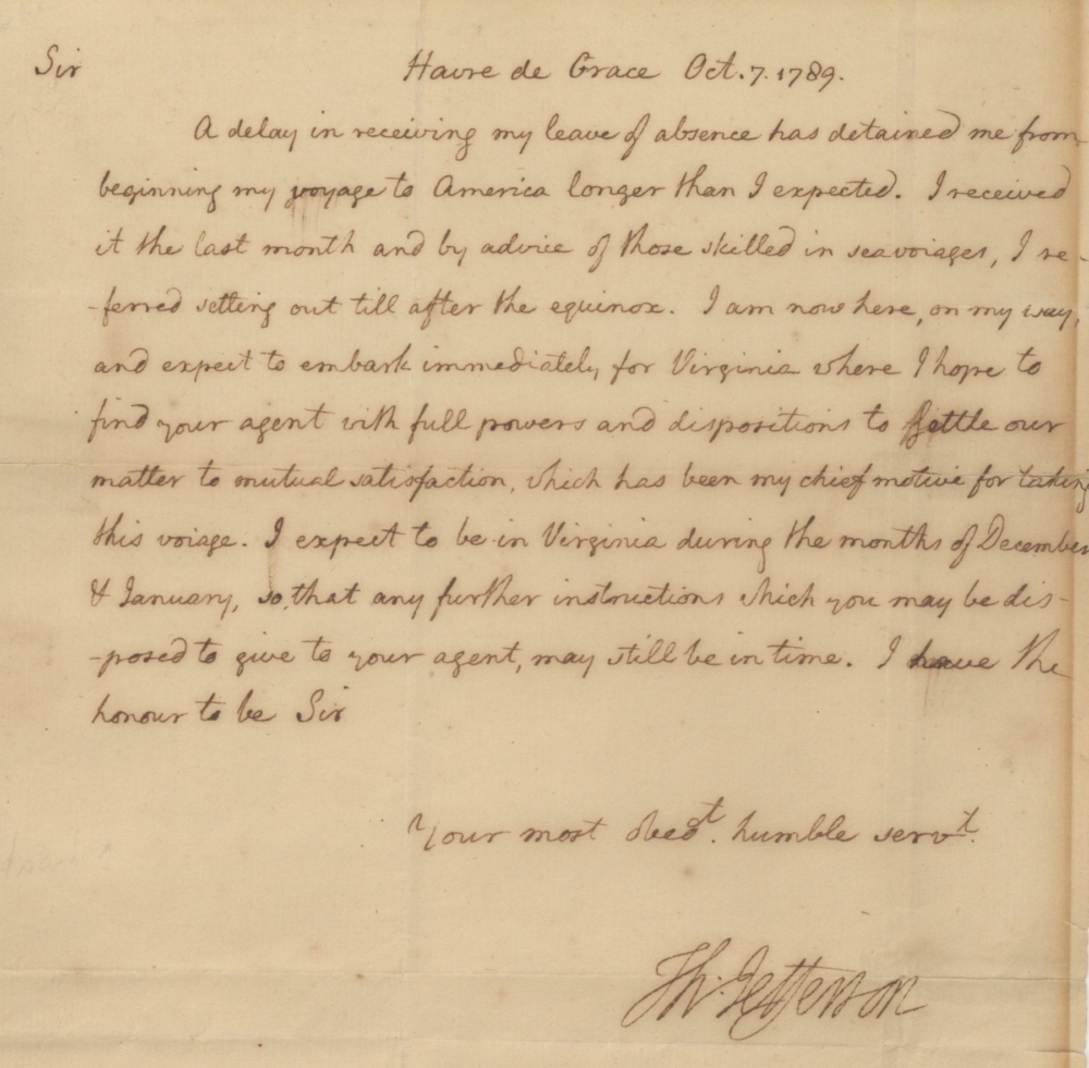 Thomas Jefferson autograph letter 1789
