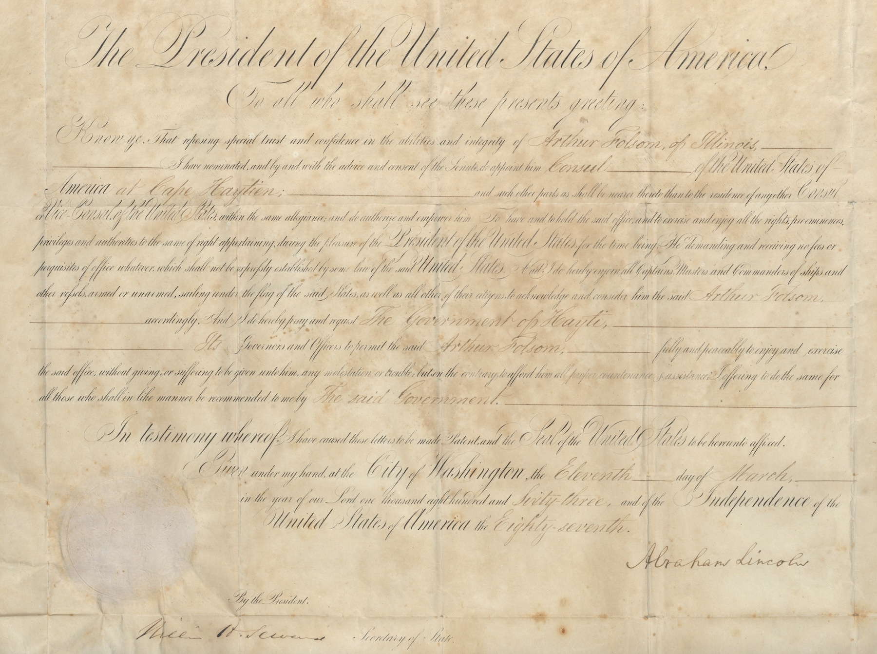 Lincoln signed diplomatic appointment