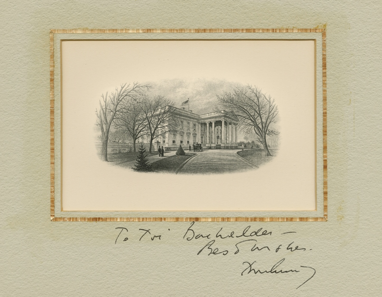 A historical engraving of the White House signed by Kennedy