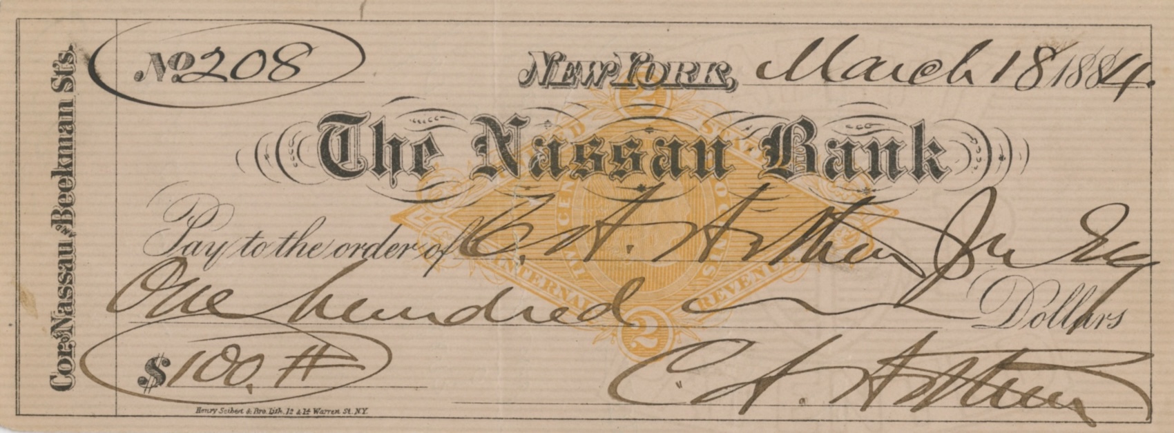 Chester Arthur signed check