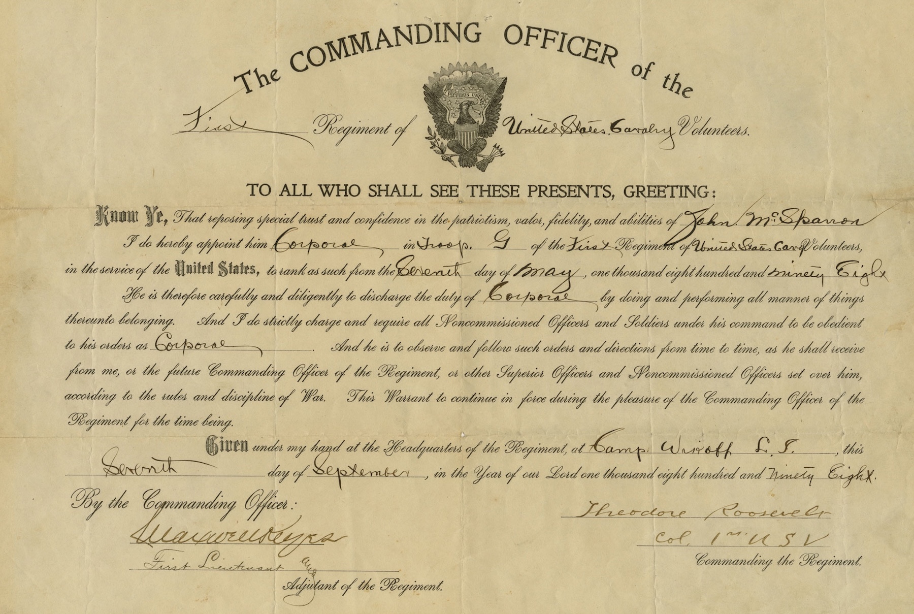 Military appointment of a Rough Rider, 1898