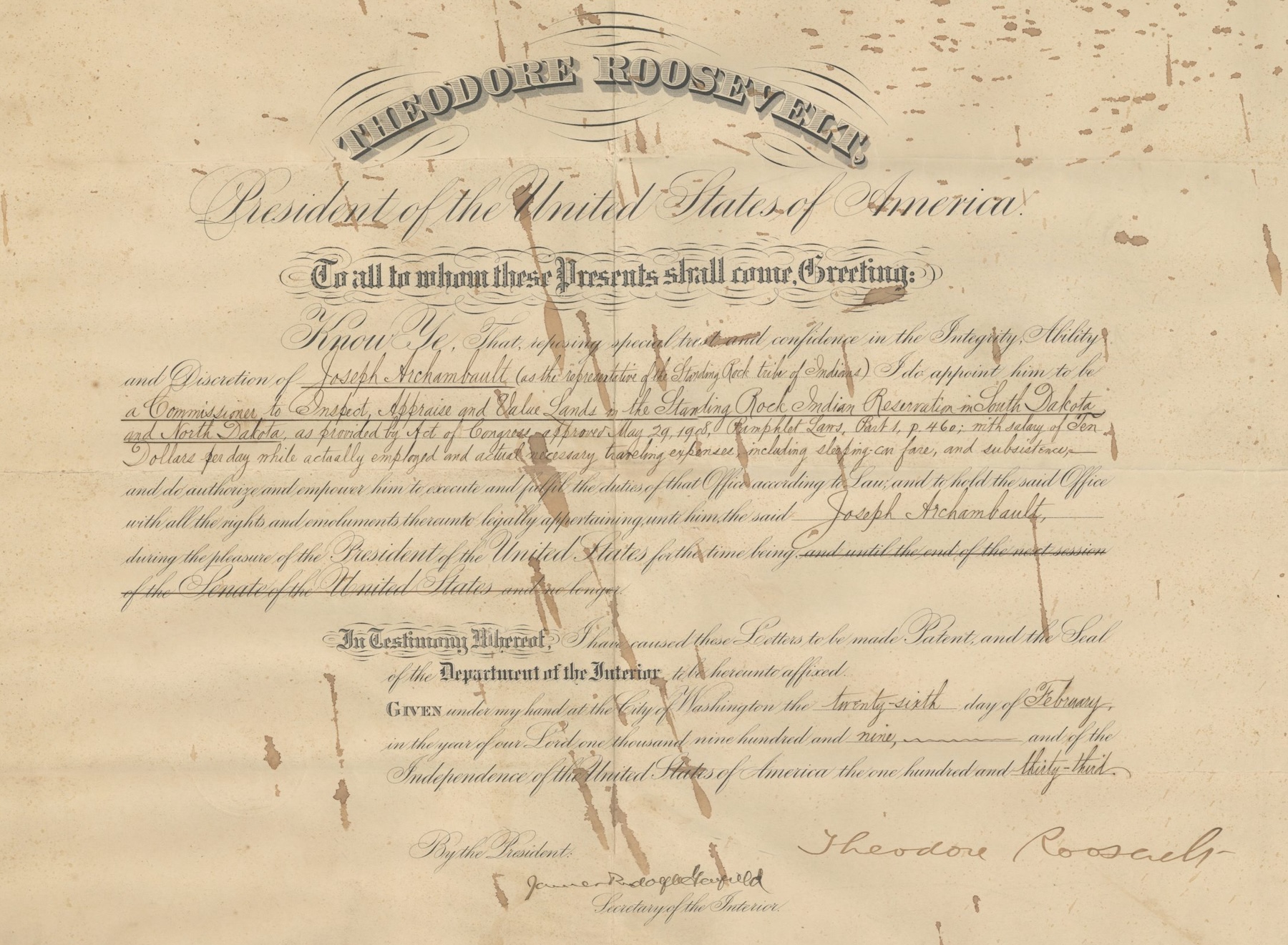 Theodore Roosevelt signed appointment