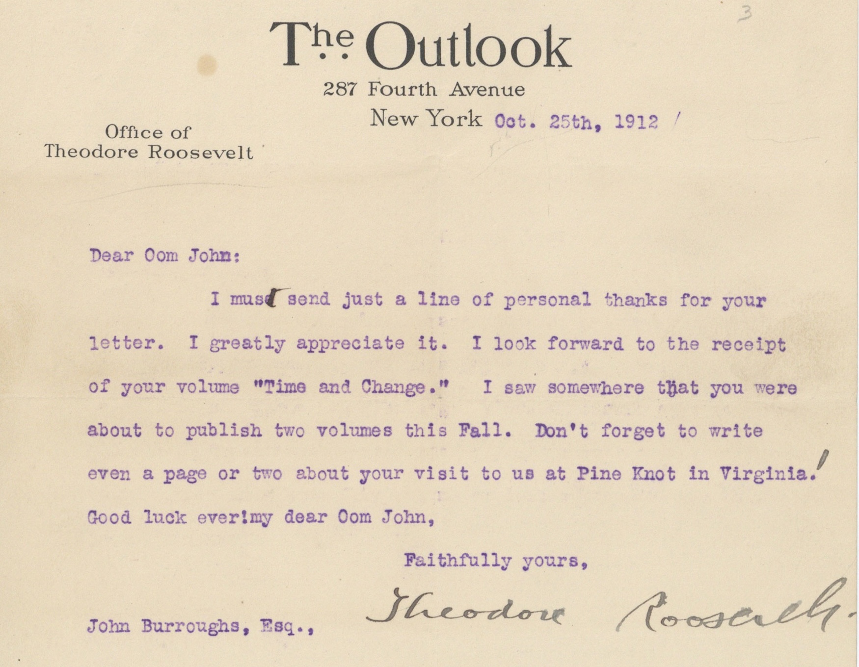 Signed letter of Theodore Roosevelt to John Burroughs