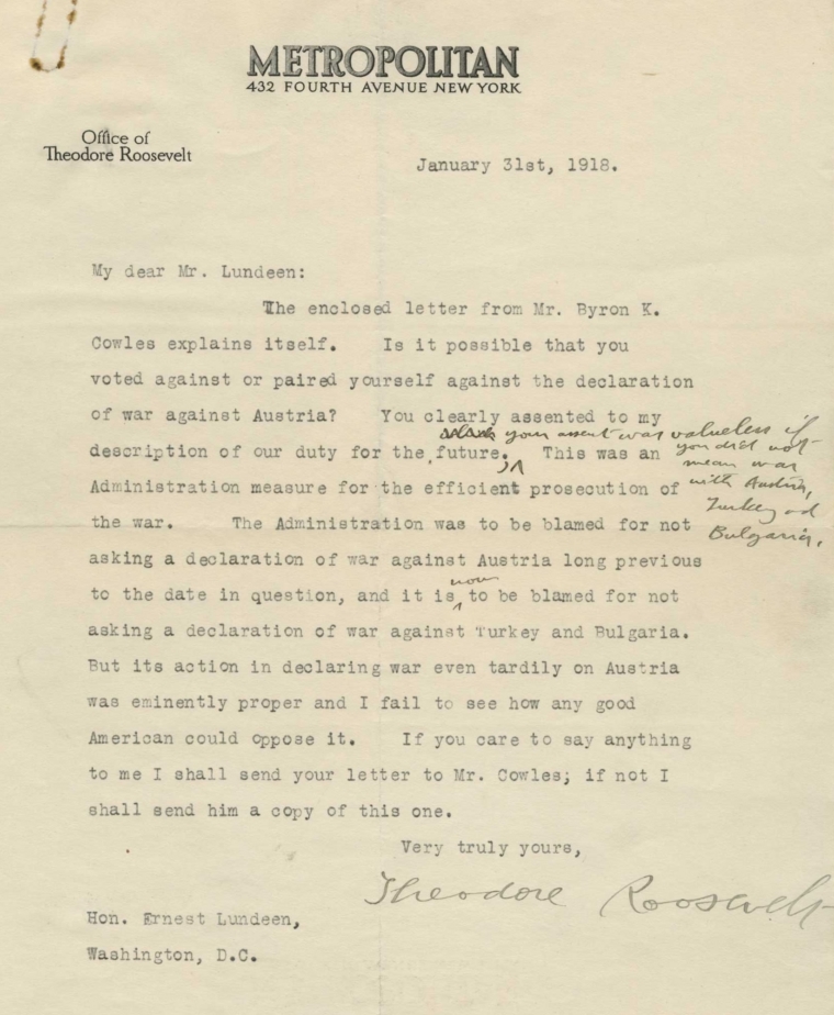 Theodore Roosevelt signed letter to Ernest Lundeen